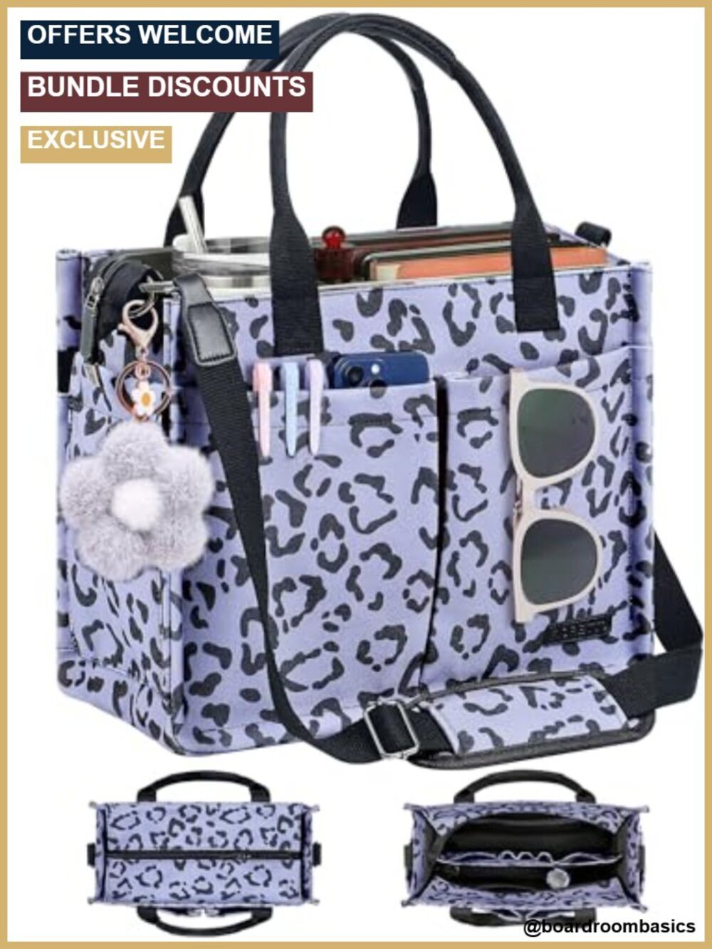 Canvas Tote Bag with Multiple Compartments, Zipper Top, Reinforced Bottom,